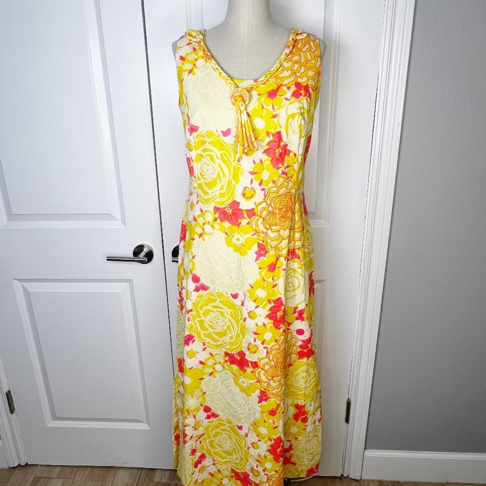 Vintage Yellow Floral Maxi Dress — 1970s Style —pink yellow floral print medium - Picture 2 of 9